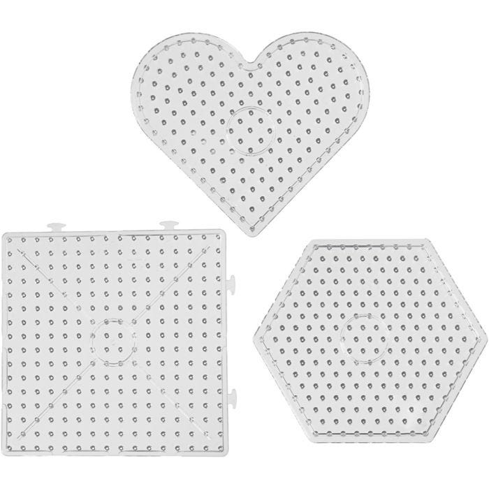 Steckplatte, Herzen, Sechstecke, Quadrate, Größe 15x15-17,5x17,5 cm, JUMBO, Transparent, 6 Stk/ 1 Pck