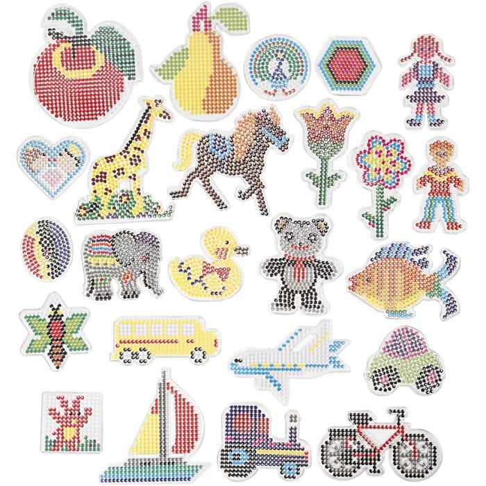 Steckplatte, Geometrische Figuren, Tiere, Kinder/Blumen und Verkehr, Größe 7x7,5-14x16 cm, medium, Transparent, 4x10 Pck/ 1 Pck