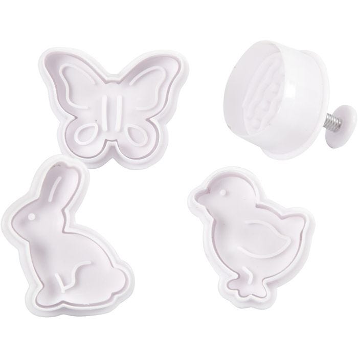 Ausstecher mit Stempelgriff, Osterei, Häschen, Küken, Schmetterling, H 5 cm, Weiß, 4 Stk/ 1 Pck