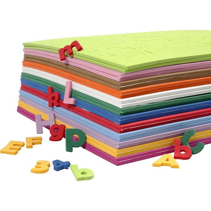 Buchstaben &amp; Zahlen aus Moosgummi, H 20 mm, Dicke 3 mm, Sortierte Farben, 24Bl. sort./ 1 Pck