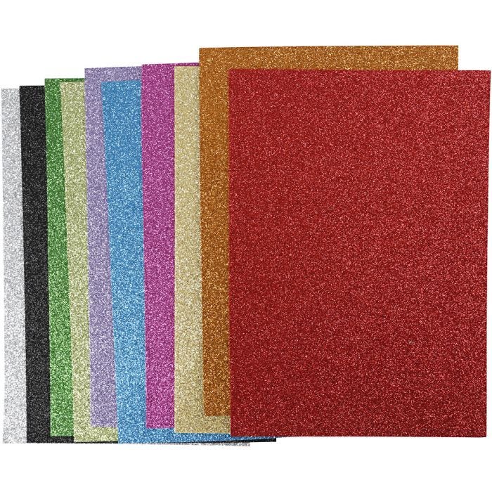 Moosgummi, A4, Blatt 210x297 mm, Dicke 2 mm, Glitter, Sortierte Farben, 10 Bl. sort./ 1 Pck