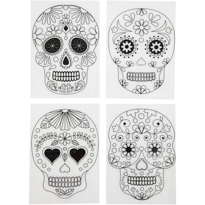 Plastikschrumpfplatten mit Motiven, Totenköpfe, 10,5x14,5 cm, 0,3 mm, Matt transparent, 4Bl./ 1 Pck