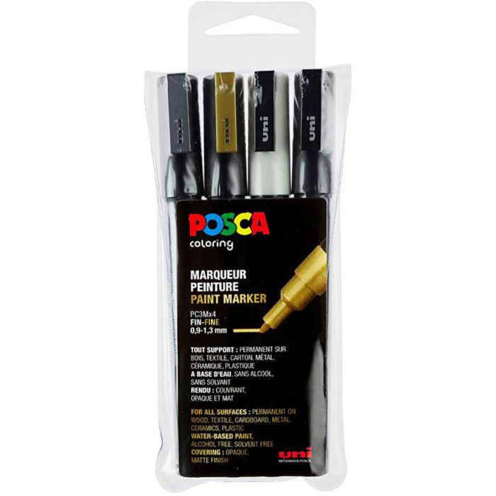 Posca-Marker Set, PC-3M, Nr. PC-3M, Schwarz, Gold, Silber, Weiß, 4 Stk/ 1 Pck