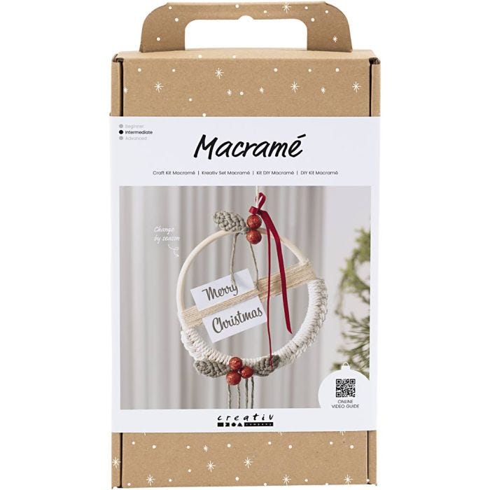 Kreativ Set Macramé, Adventskranz, Moosgrün, Weihnachtsrot, Naturweiß, 1 Pck