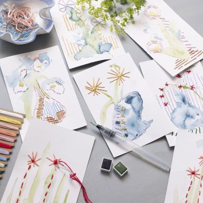 Wasserfarben- und Stickbilder