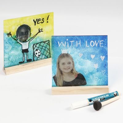 Glasbild mit Holzständer - verziert mit Fotodruck