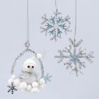 Shiny hanging decorations with an elf and snowflakes
