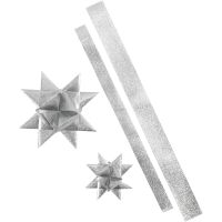 Papierstreifen für Sterne, L 86+100 cm, D 11,5+18,5 cm, B 25+40 mm, Glitter silber, 16 Streifen/ 1 Pck
