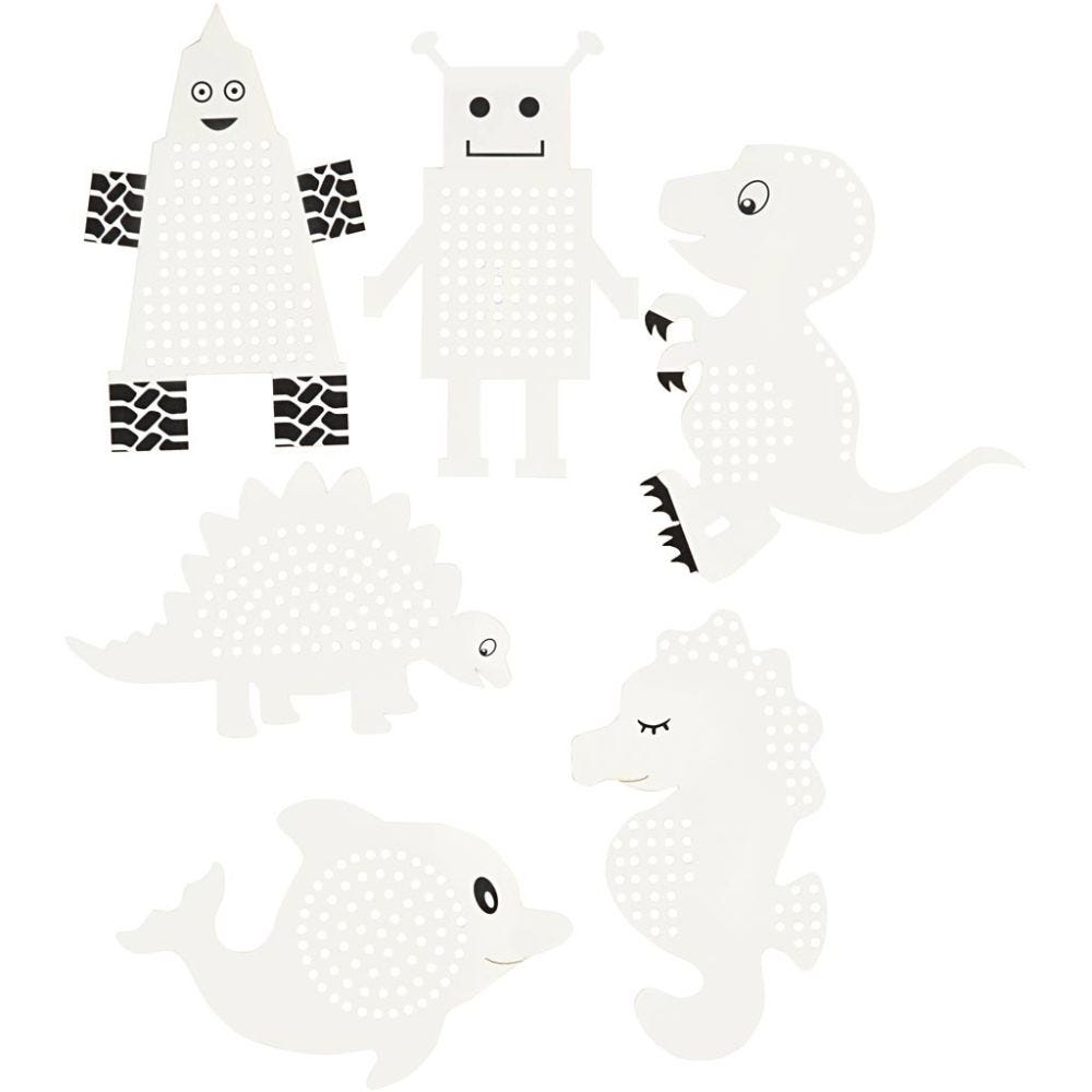 Stickkarton, Tiere & Roboter, H 8-13 cm, Weiß, 6x3 Stk/ 1 Pck
