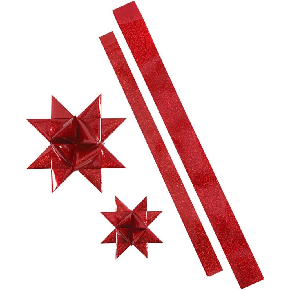 Papierstreifen für Sterne, L 86+100 cm, D 11,5+18,5 cm, B 25+40 mm, Rot, Rot mit Glitter, 96 Streifen/ 1 Pck