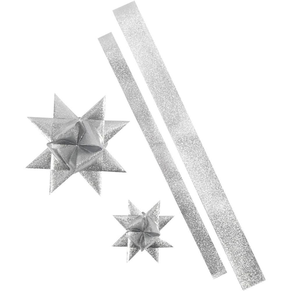 Papierstreifen für Sterne, L 86+100 cm, D 11,5+18,5 cm, B 25+40 mm, Glitter silber, 96 Streifen/ 1 Pck