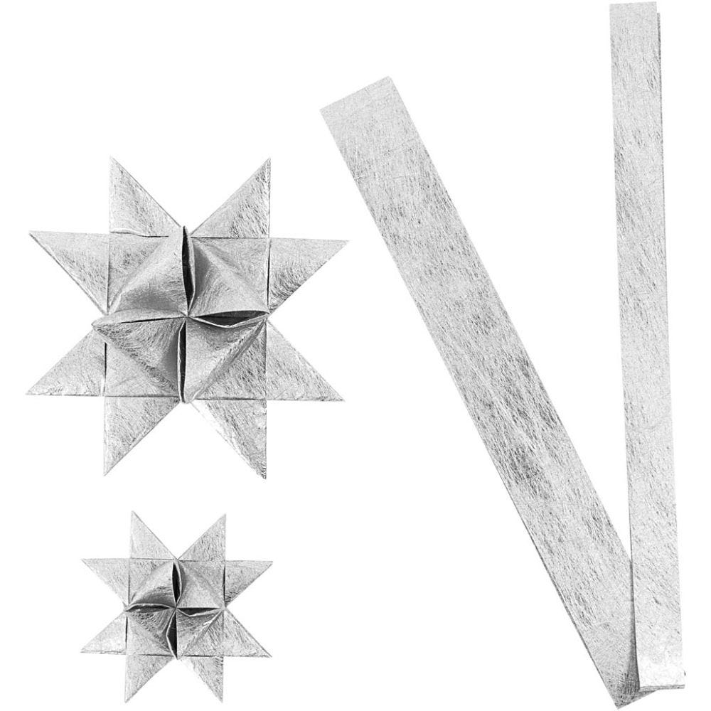 Papierstreifen für Flechtsterne, L 44+78 cm, D 6,5+11,5 cm, B 15+25 mm, Silber, 128 Streifen/ 1 Pck