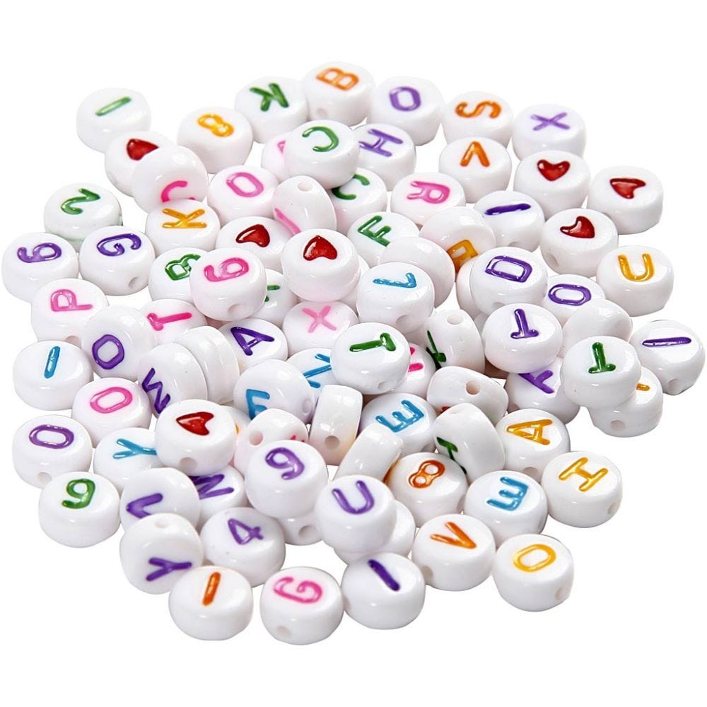 Buchstaben-Perlen, Größe 7 mm, Lochgröße 1,2 mm, Weiß, 25 g/ 1 Pck