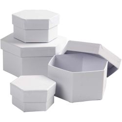Schachteln, sechseckig, Gr&ouml;&szlig;e 6,5x4 + 8x5 + 10x6 + 12x7 cm, Wei&szlig;, 4 Stk/ 1 Set