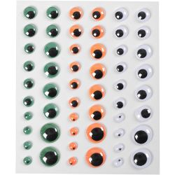 Wackelaugen, selbstklebend, D 6+8+10+12+15 mm, Gr&uuml;n, Orange, Wei&szlig;, 54 Stck., 1 Bl.
