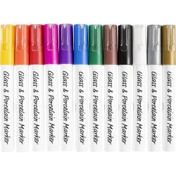 Glas-/Porzellanmalstift, Strichst&auml;rke 1-2 mm, Halbdeckend, Sortierte Farben, 12 Stk/ 1 Pck