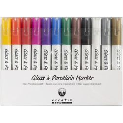 Glas-/Porzellanmalstift, Strichstärke 1-2 mm, Halbdeckend, Sortierte Farben, 12 Stk/ 1 Pck