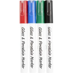 Glas-/Porzellanmalstift, Strichst&auml;rke 1-2 mm, Halbdeckend, Schwarz, Blau, Gr&uuml;n, Rot, 4 Stk/ 1 Pck