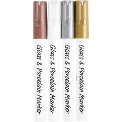 Glas-/Porzellanmalstift, Strichst&auml;rke 1-2 mm, Halbdeckend, Braun, Gold, Silber, Wei&szlig;, 4 Stk/ 1 Pck