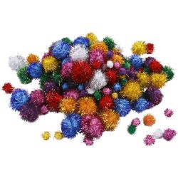 Glitzer-Pompons, D 15-40 mm, Glitter, ca. 90 Stk, Kr&auml;ftige Farben, 62 g/ 1 Pck