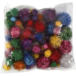 Glitzer-Pompons, D 15-40 mm, Glitter, ca. 90 Stk, Kr&auml;ftige Farben, 62 g/ 1 Pck