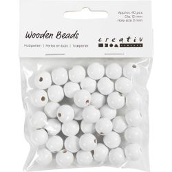 Holzperlen, D 12 mm, Lochgr&ouml;&szlig;e 3 mm, ca. 40 Stk, Wei&szlig;, 22 g/ 1 Pck
