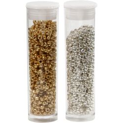 Rocaille-Perlen, D 1,7 mm, Gr&ouml;&szlig;e 15/0, Lochgr&ouml;&szlig;e 0,5-0,8 mm, Gold, Silber, 2x7 g/ 1 Pck