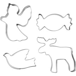 Ausstechformen, Engel, Rentier, Taube, Bonbon, H 2 cm, Gr&ouml;&szlig;e 4,5-9 cm, Metallic-Silber, 4 Stk/ 1 Pck