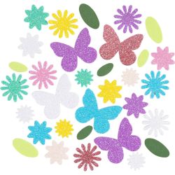 Moosgummi-Aufkleber, Schmetterling, Blume, Blatt, selbstklebend, Gr&ouml;&szlig;e 9-43 mm, Pastellfarben, 120 Stk/ 1 Pck