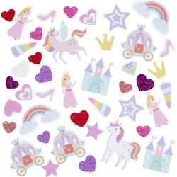 Moosgummi-Aufkleber, Herz, Prinzessin, Einhorn, selbstklebend, Gr&ouml;&szlig;e 13-50 mm, Harmonie in Lila-Pink, 150 Stk/ 1 Pck