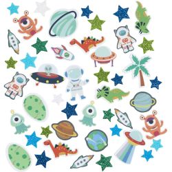Moosgummi-Aufkleber, Stern, UFO, Dinosaurier, selbstklebend, Gr&ouml;&szlig;e 13-40 mm, Harmonie in Blau-Grau, 150 Stk/ 1 Pck
