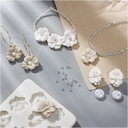 Mini Kreativ Set Schmuck, Ohrringe, Armband und Halskette im Blumendesign, Beige, Hellbeige, Beige, 1 Pck