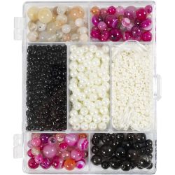 Kreativ Mix Schmuck, Achate, Gr&ouml;&szlig;e 2,6-10 mm, Lochgr&ouml;&szlig;e 0,8-1,8 mm, ca. 2740 Stk, Beige, Schwarz, Pink, Perlmuttwei&szlig;, 1 Pck