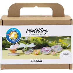 Mini Kreativ Set Modellieren, Stein mit Insekt, Grau, Hellpink, Hellt&uuml;rkis, 1 Pck