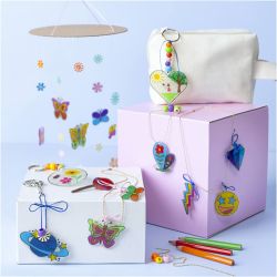 Kreativ Set Plastikschrumpfplatten, Mobile, Halskette, Armband, Schl&uuml;sselanh&auml;nger, Sortierte Farben, 1 Pck
